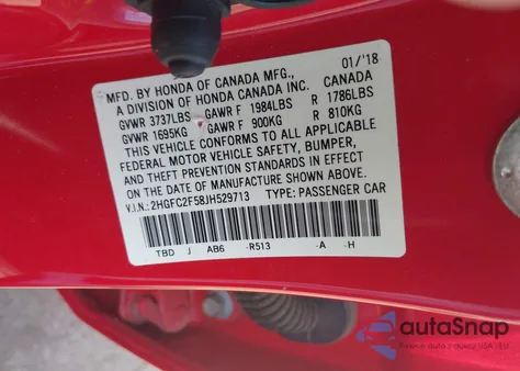 2018 Honda Civic Lx из США, поврежденный, VIN 2HGFC2F58JH529713